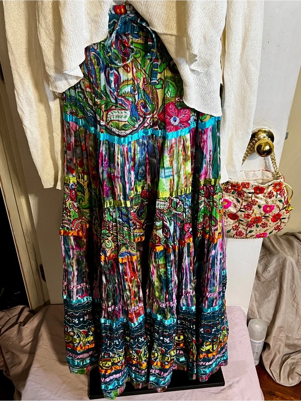 TravelSmith Wms Colorful Cotton Patchwork Tiered Paisley Boho Gypsy Maxi Skirt M